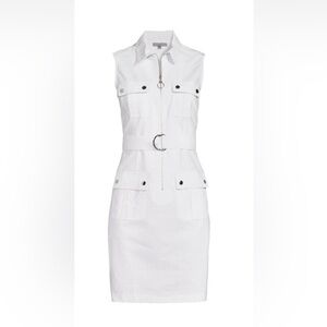 Women’s SHARAGANO Belted‎ Zip Up Sheath white stretchy sleeveless Dress size 12